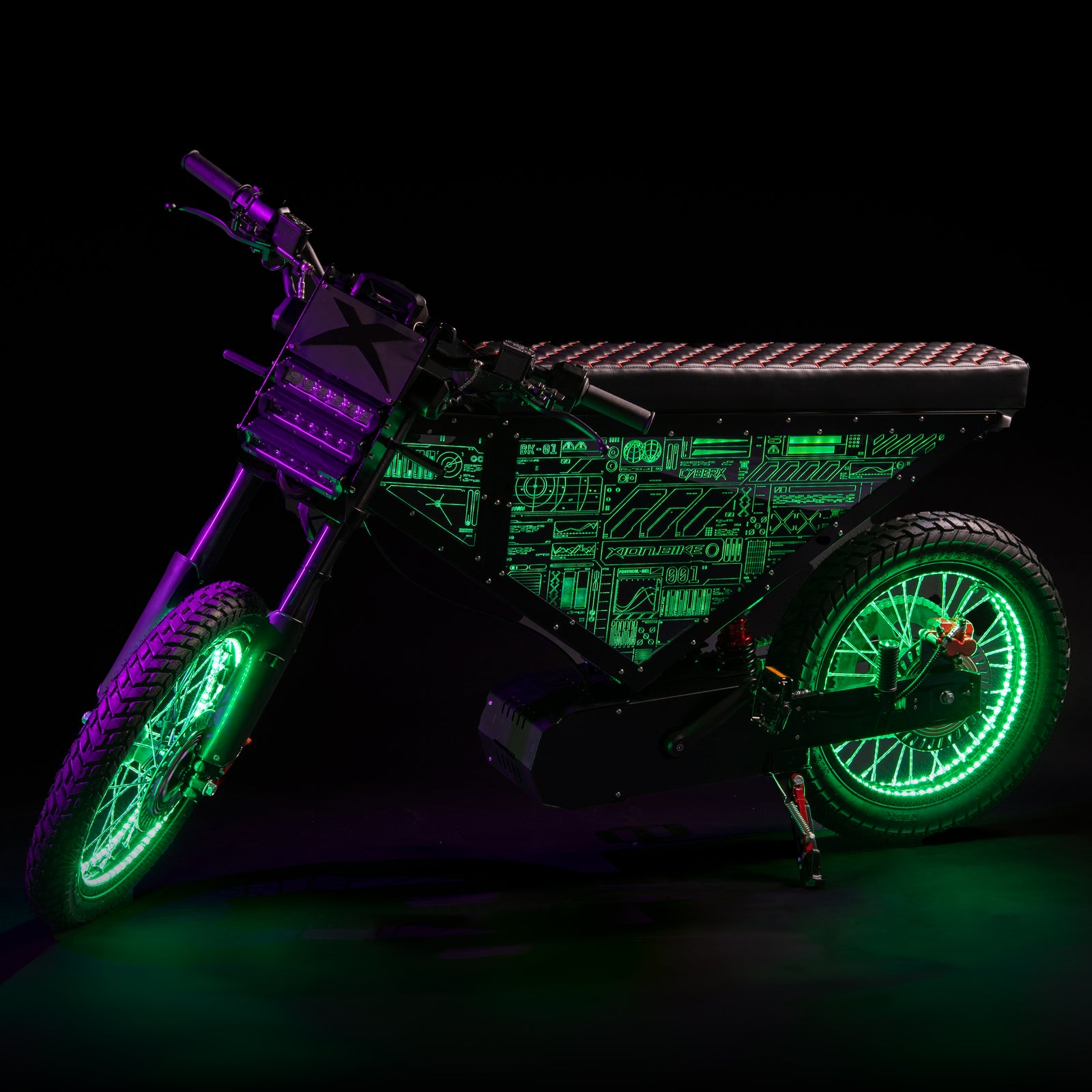 The Xion CyberX electric bike with green illuminated frame panels and lit wheels